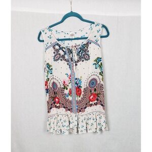 Bila Floral Paisley Boho Tassel Tie Neck Peplum Hem Sleeveless Top M Festival